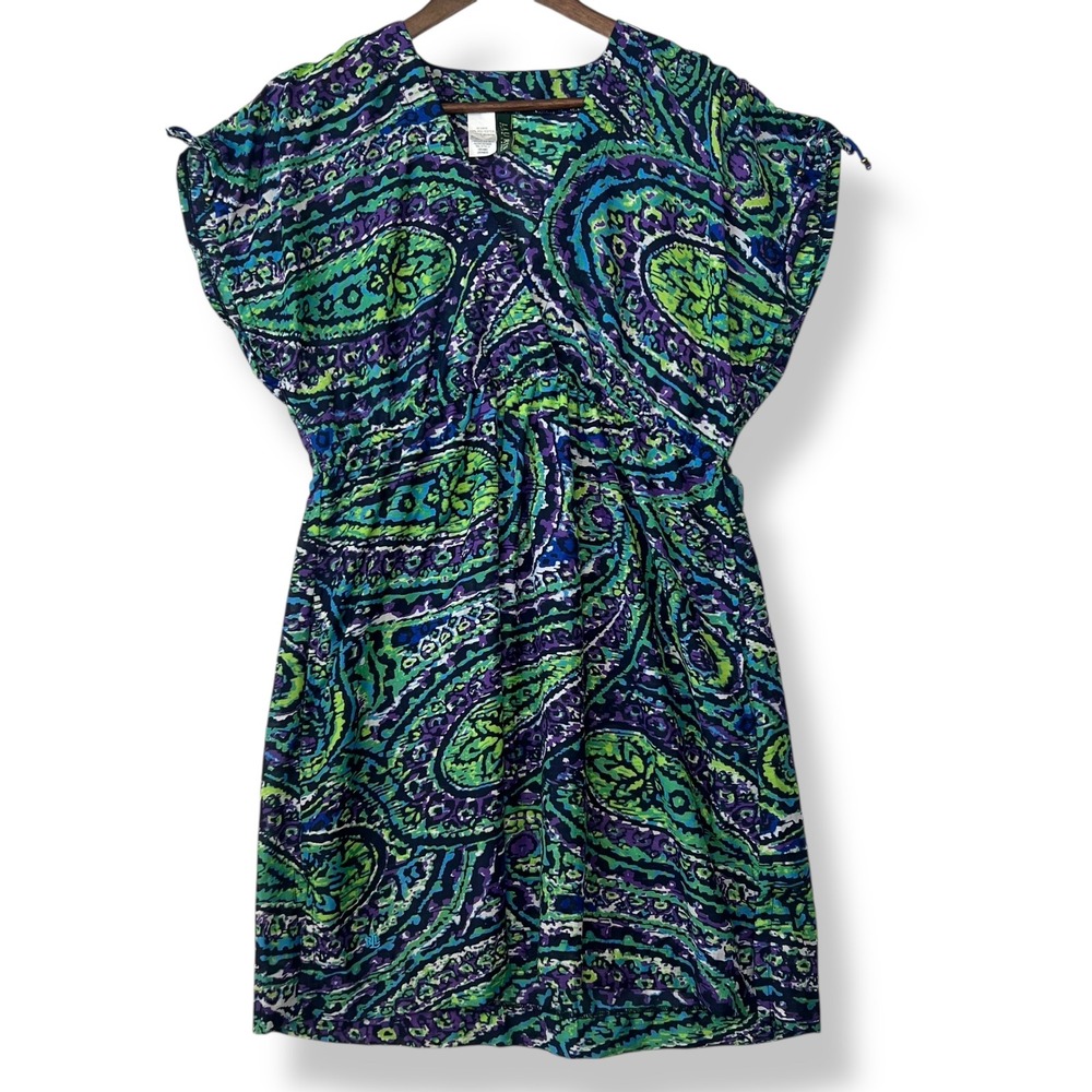 Lauren Ralph Lauren Dress Beach Cover Up L Purple Green Paisley Beaded Tie